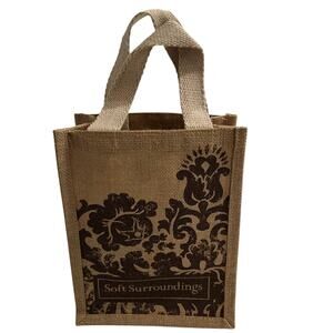 Soft Surroundings Small Jute Tote Bag Damask Print Brown Eco Friendly Gift Bag